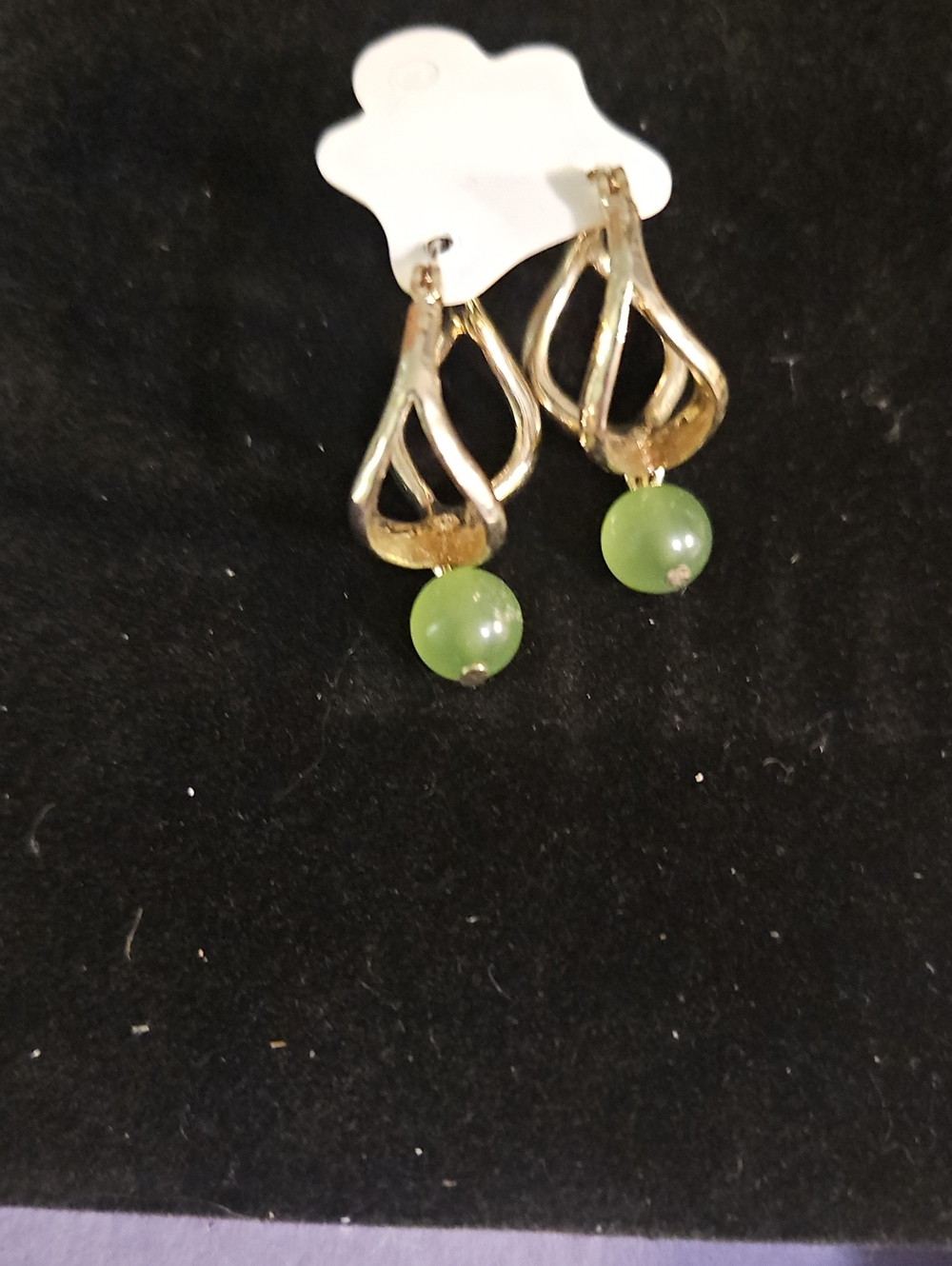 Gold Drop Earrings with Green Bead Accent - Women Jewelry